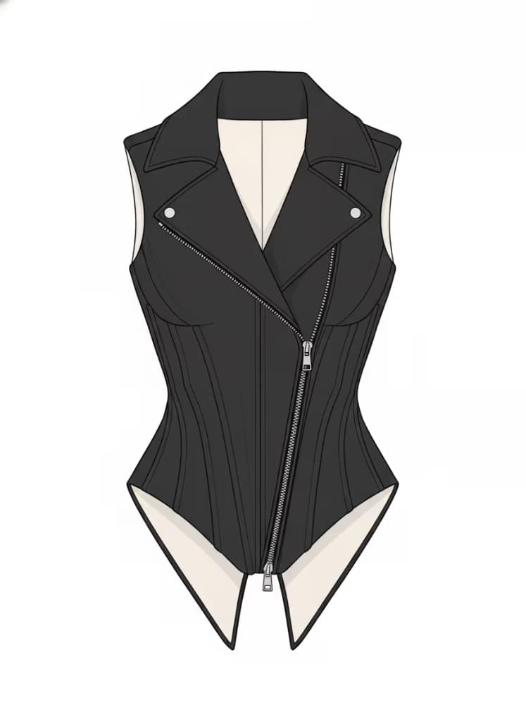 Sculpted leather waistcoat CAD technical flat used for AI-assisted tech pack drafting