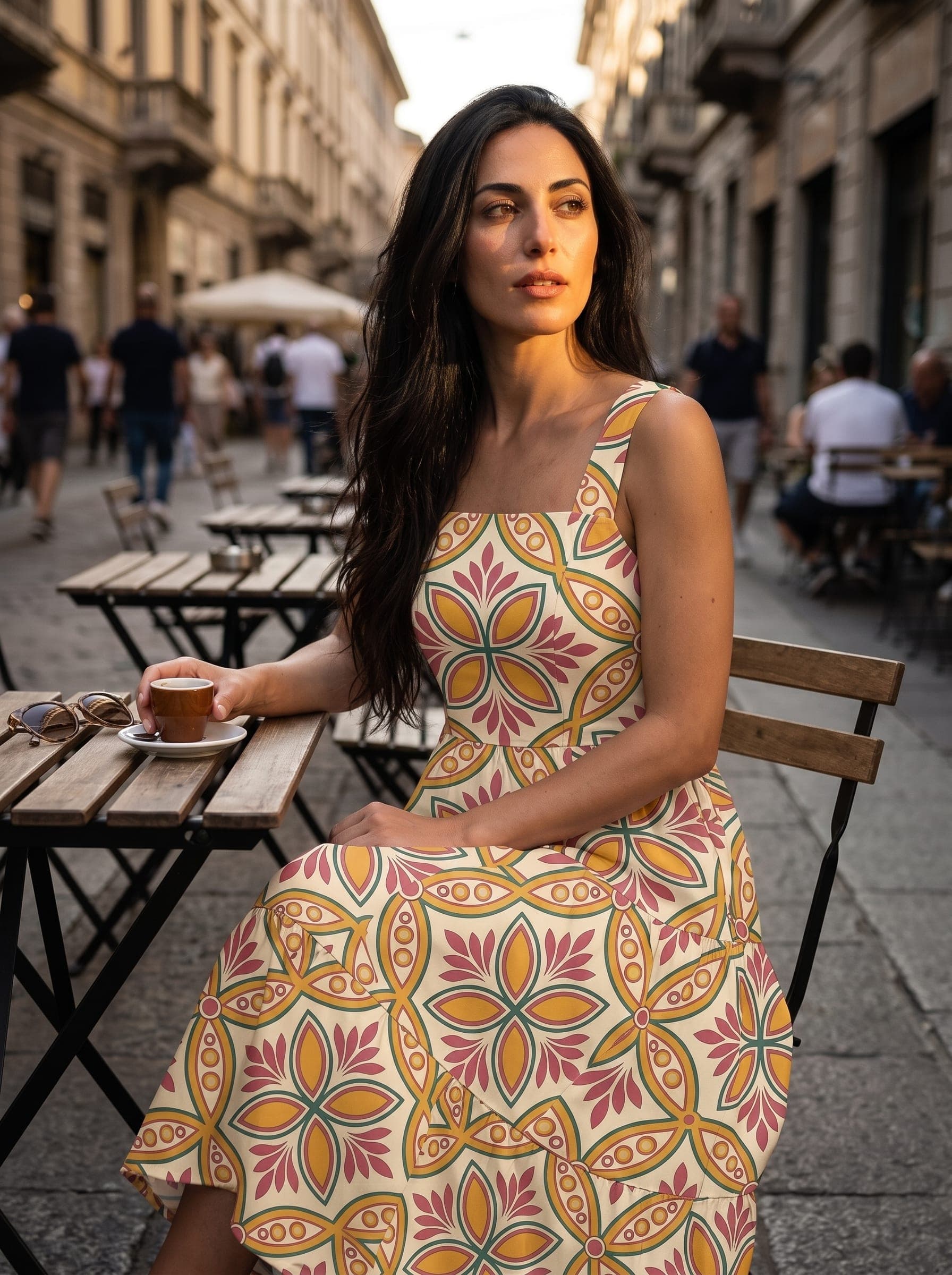 On-model photoreal mockup of a Majolica print resort dress in a café setting