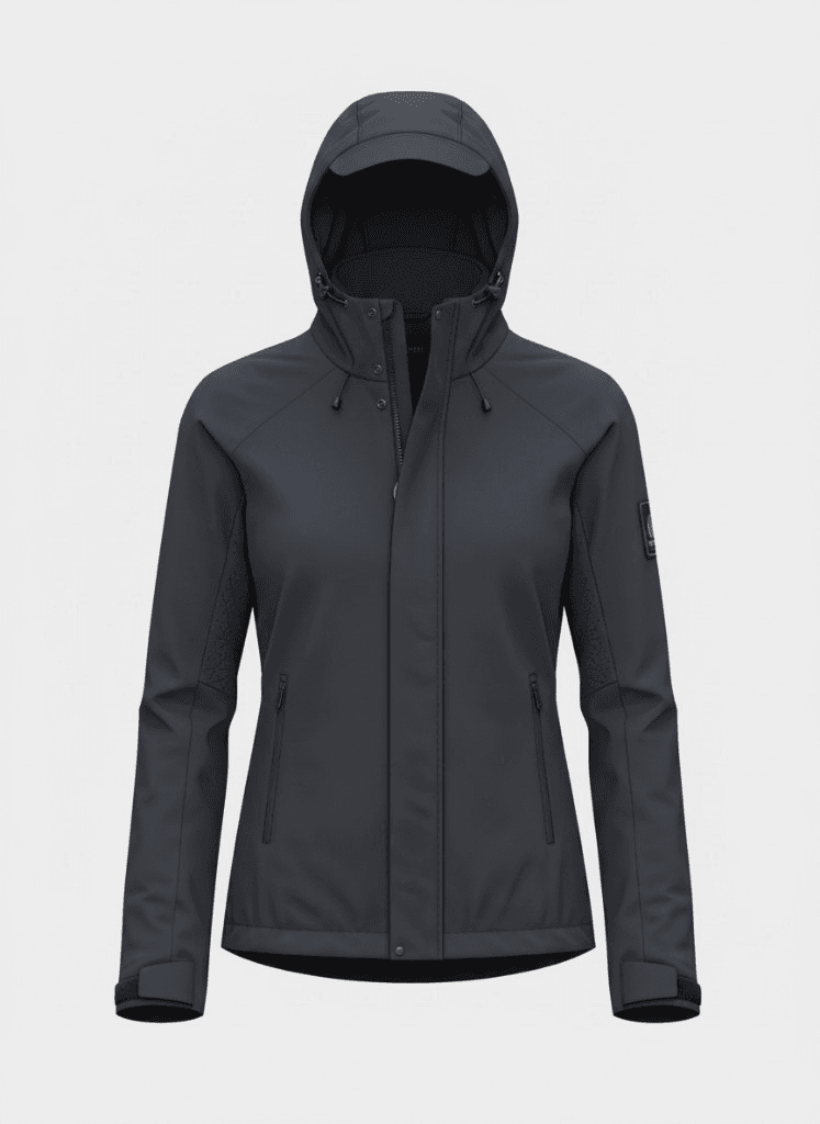 Photoreal mockup of a waterproof technical jacket in a studio setting