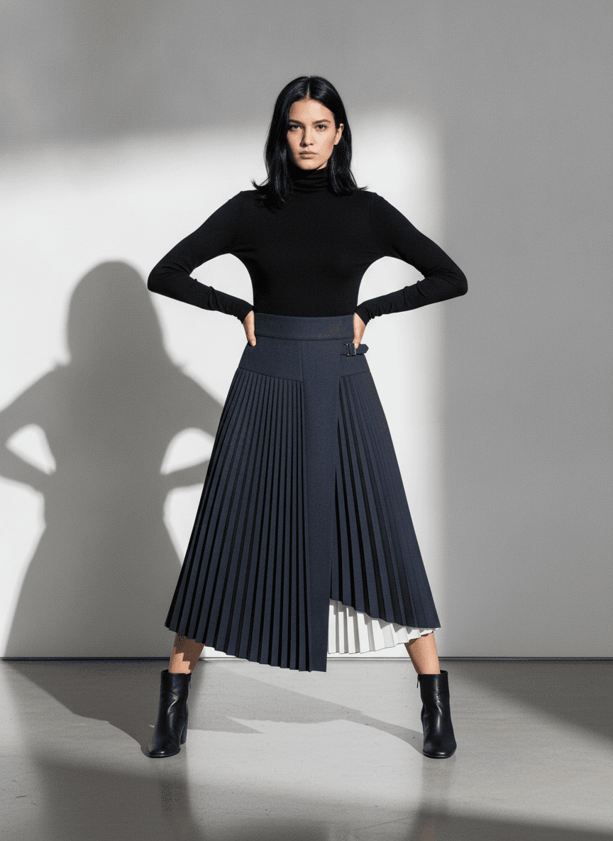 Photoreal clothink mockup — navy pleated wrap midi skirt on model in studio lighting