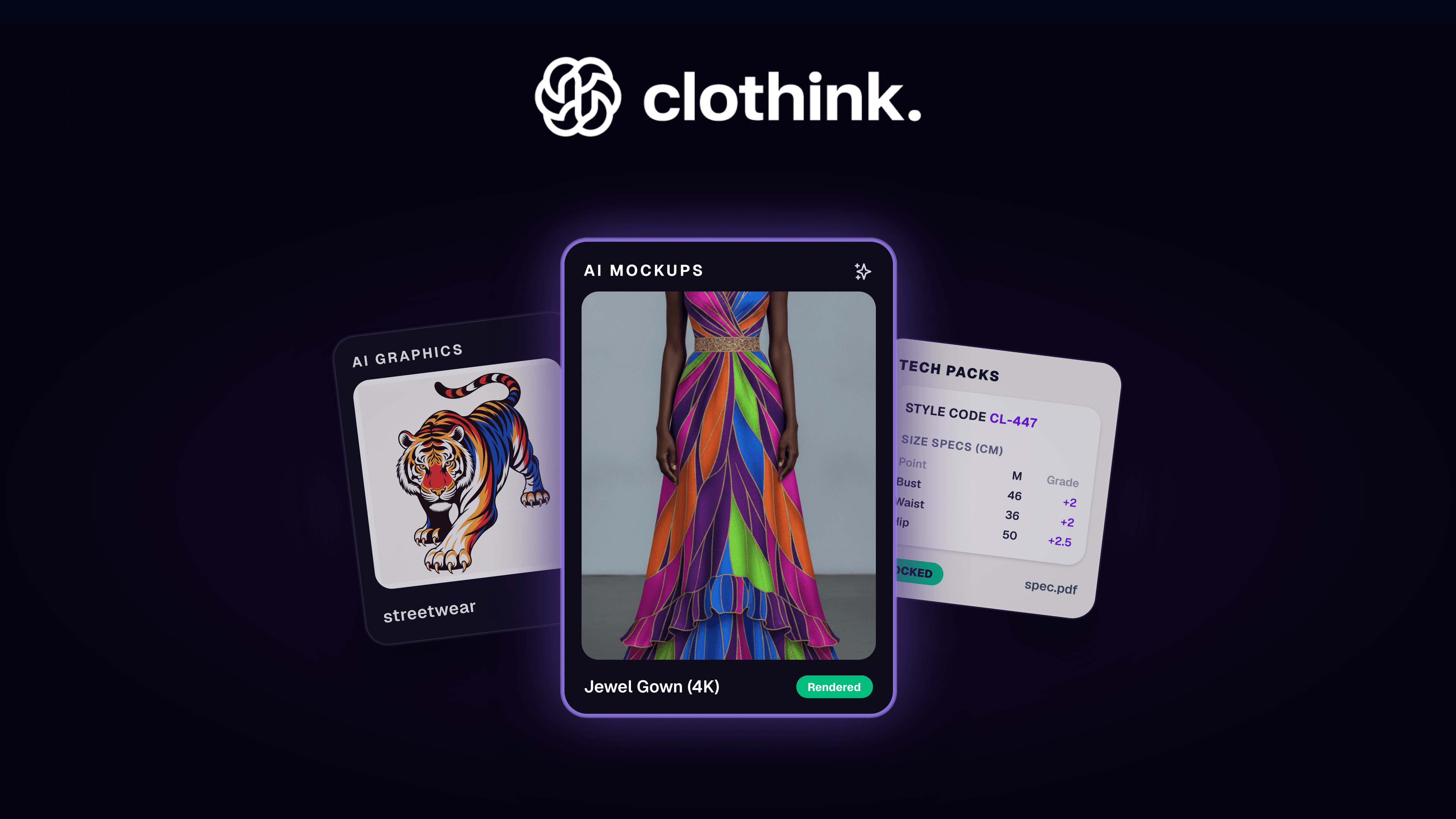 clothink press hero — brand mark with product cards for graphics, colour and mockups on a dark studio grid