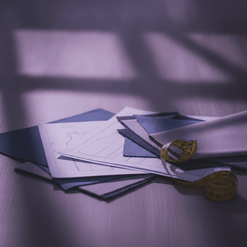 Atmospheric tech pack still life with fabric swatches and specification pages in purple studio light — factory-quote tech pack hero