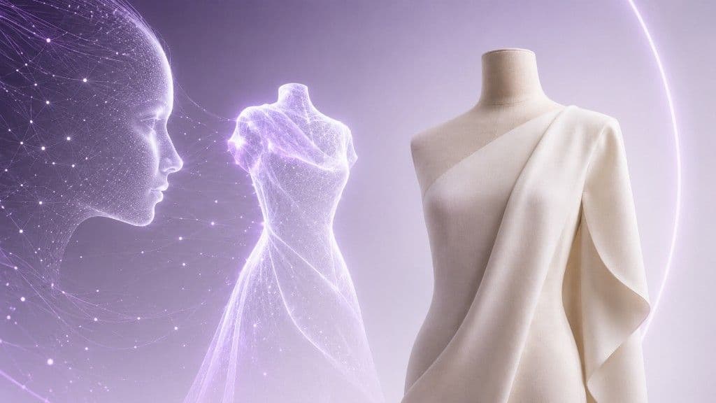 AI network profile facing a digital dress form that becomes a draped garment on a physical mannequin — AI in fashion illustration