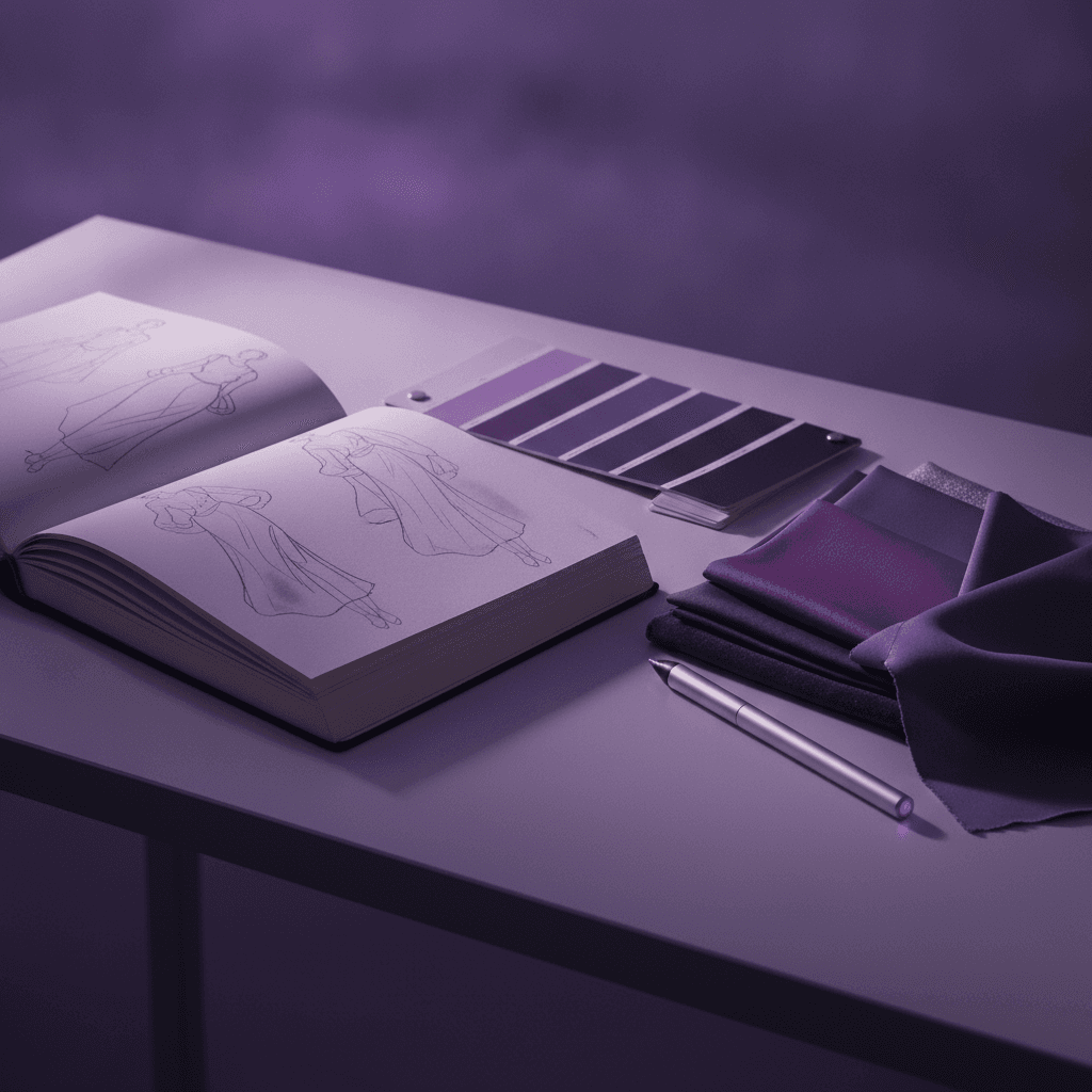Fashion design still life — sketchbook, colour swatches and fabric samples on a desk in purple studio light — fashion design software by stage guide hero